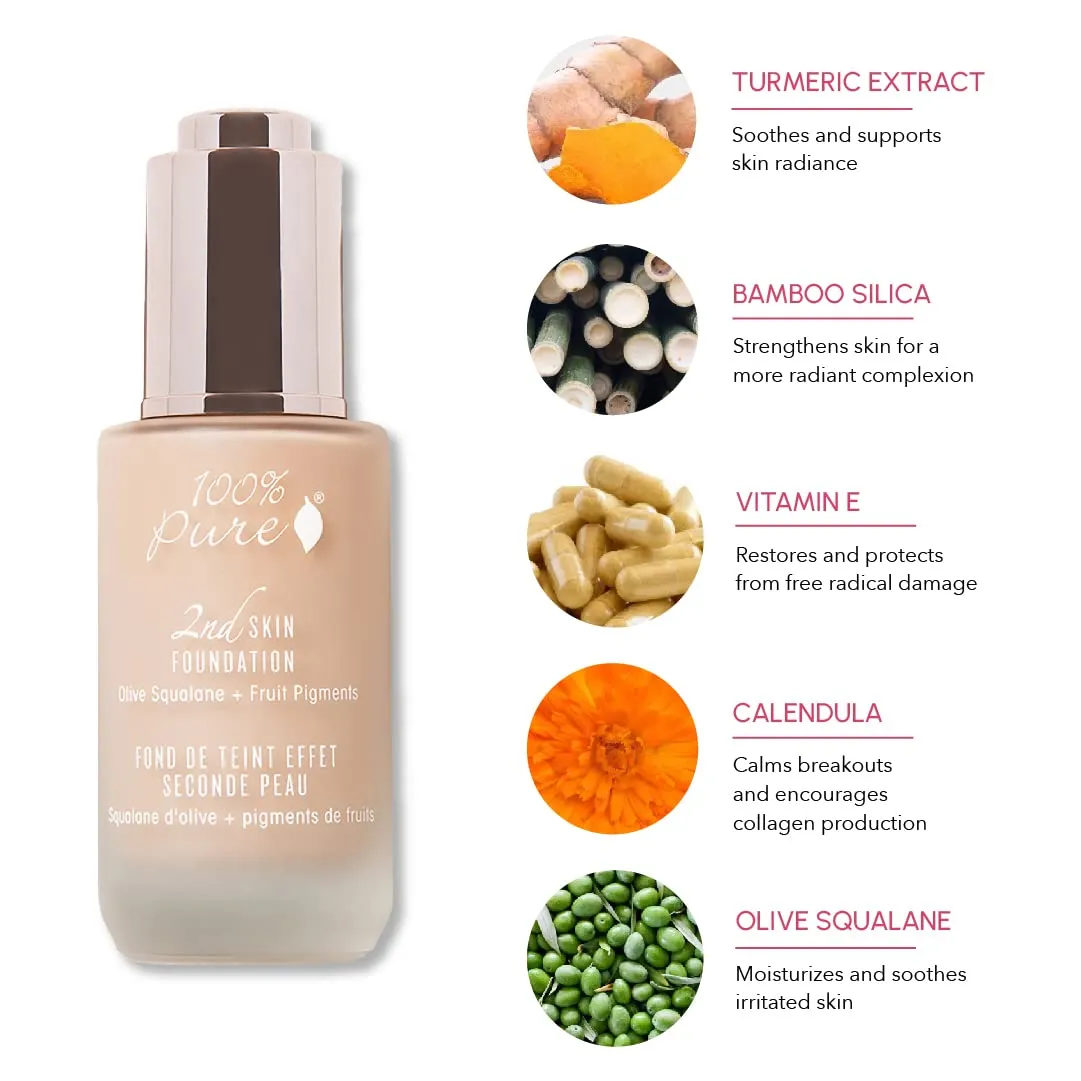 100% PURE 2nd Skin Lightweight Serum Foundation Anti-Aging Face Makeup - Blendable Coverage Liquid Hydration Boost for Soft Plumped Up Glow, Vegan Shade 3 (Warm w/Yellow Undertone) - 1.18 Fl Oz