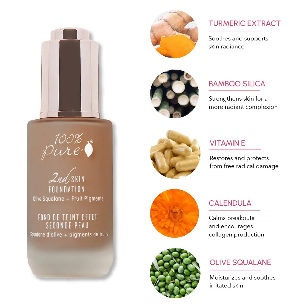 100% PURE 2nd Skin Lightweight Serum Foundation Anti-Aging Face Makeup - Blendable Coverage Liquid Hydration Boost for Soft Plumped Up Glow, Vegan Shade 7 (Neutral w/Red Undertone) - 1.18 Fl Oz