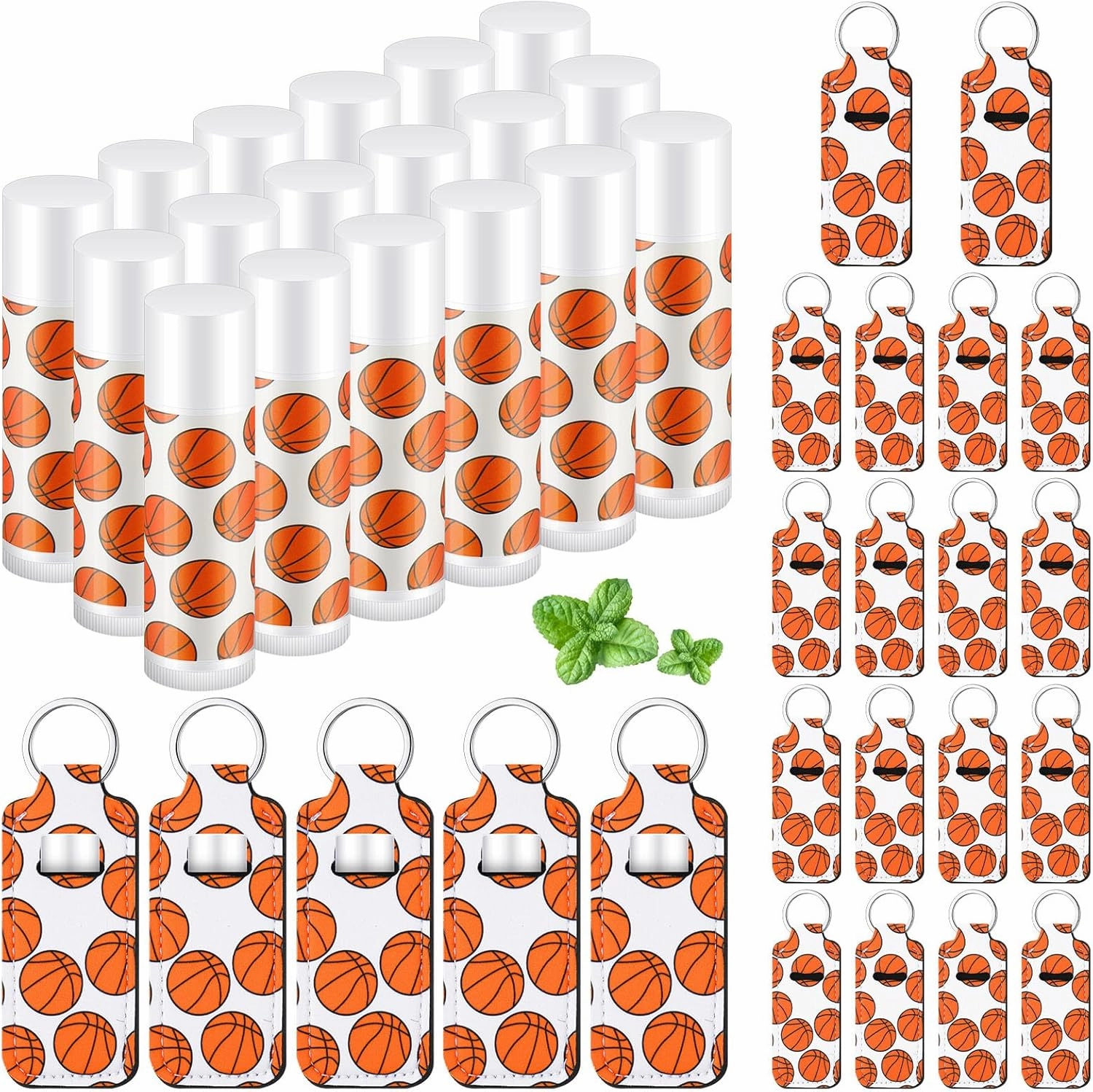 18 Sets Basketball Party Favors Lip Balm and Lipstick Holder Keychain Bulk Sport Ball Team Gifts Natural Moisturizing Lip Balm Keychains Pouch for Team Gifts Sports Party Supplies