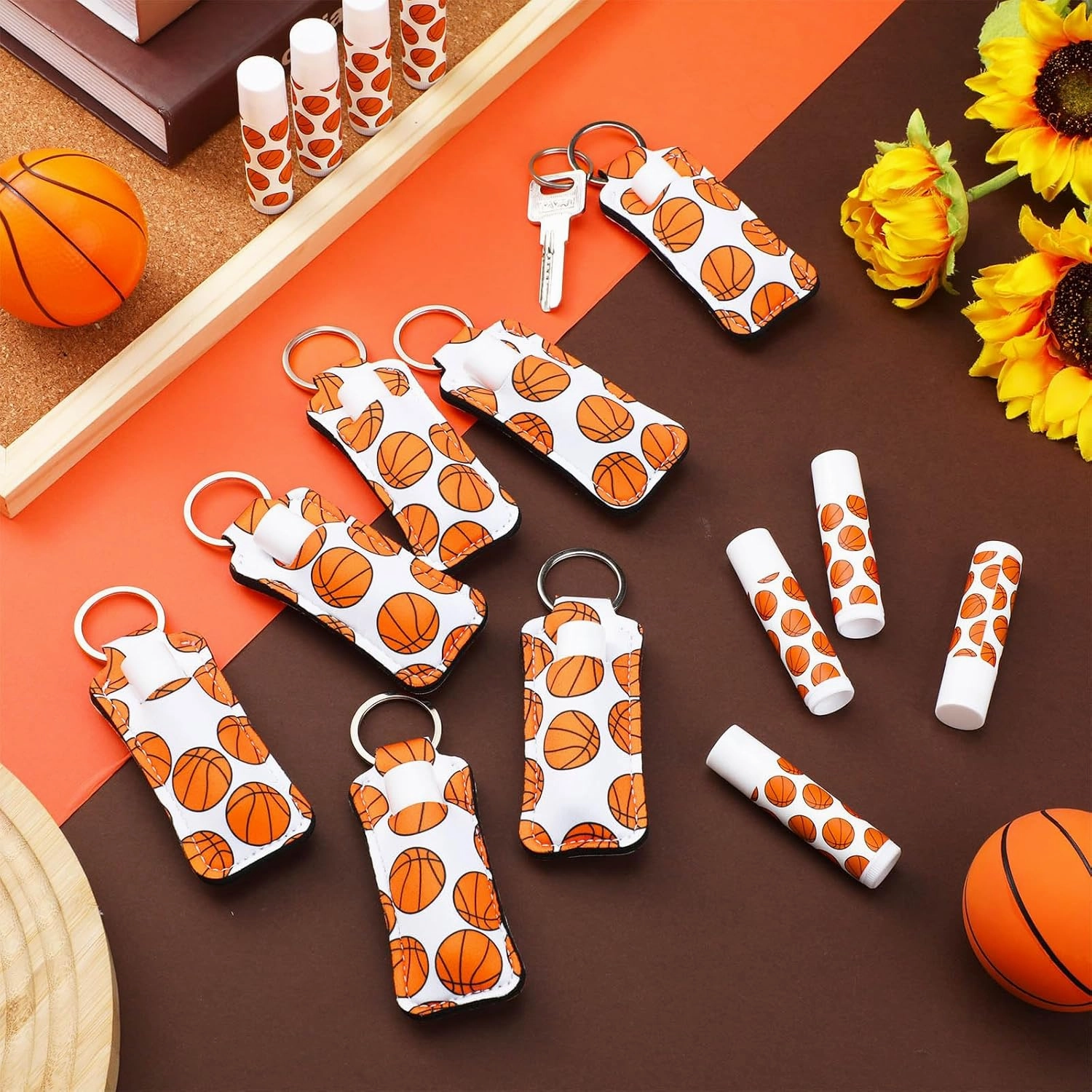 18 Sets Basketball Party Favors Lip Balm and Lipstick Holder Keychain Bulk Sport Ball Team Gifts Natural Moisturizing Lip Balm Keychains Pouch for Team Gifts Sports Party Supplies