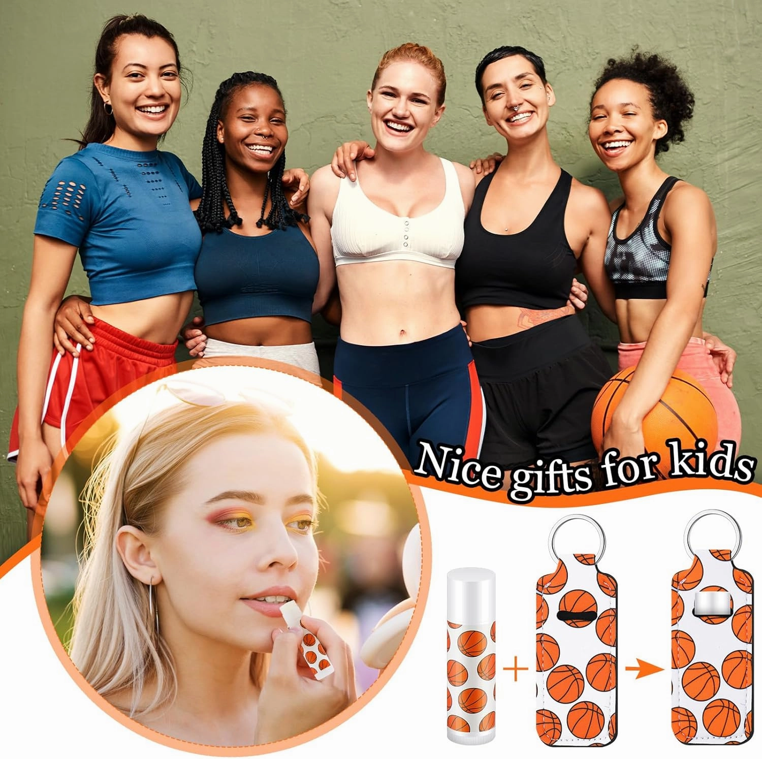 18 Sets Basketball Party Favors Lip Balm and Lipstick Holder Keychain Bulk Sport Ball Team Gifts Natural Moisturizing Lip Balm Keychains Pouch for Team Gifts Sports Party Supplies