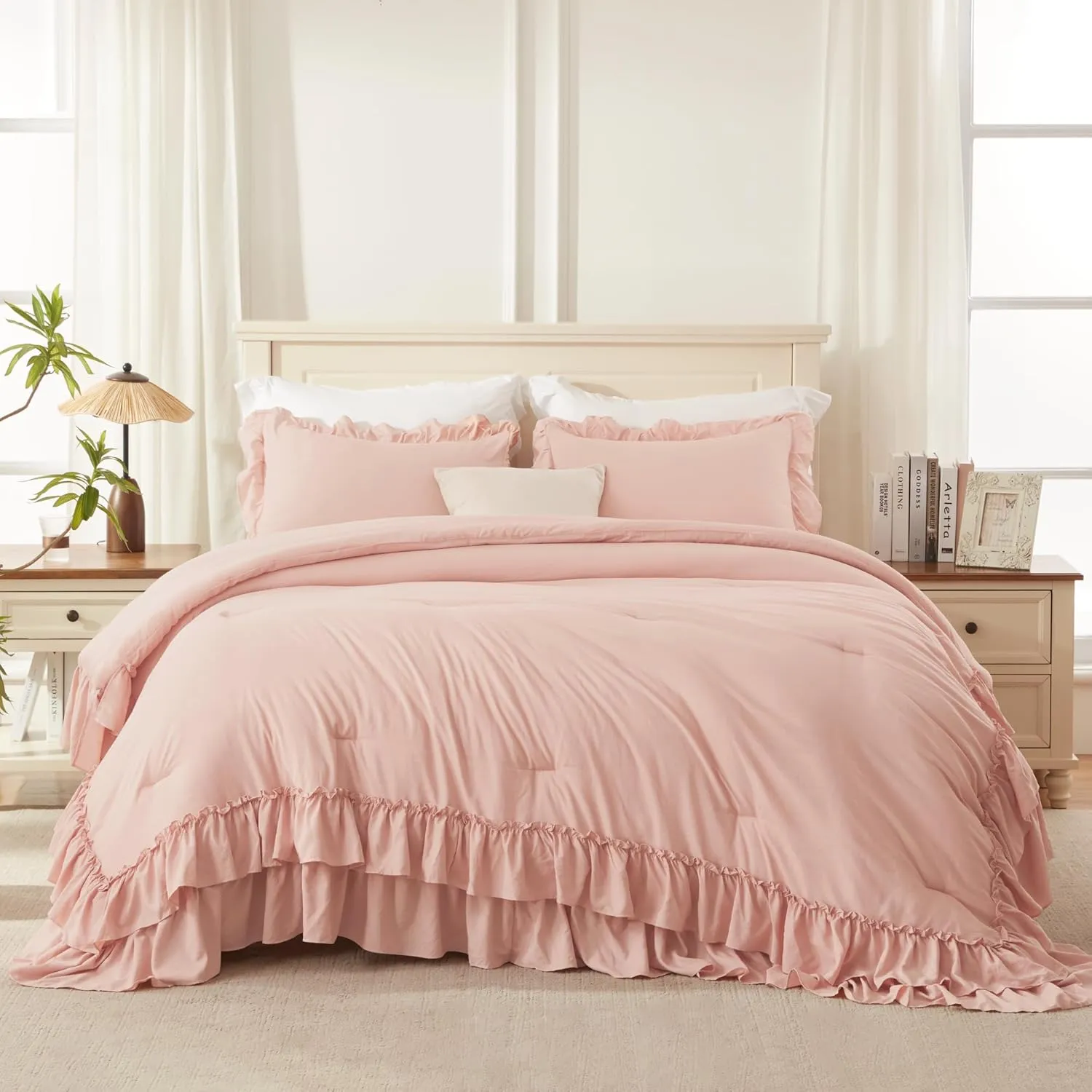Andency Blush Queen Comforter Set(90x90Inch), 3 Pieces Lightweight Soft Ruffle Bedding Comforter Sets for Queen Bed, Farmhouse Shabby Chic Fluffy Soft Microfiber Bed Set for All Season