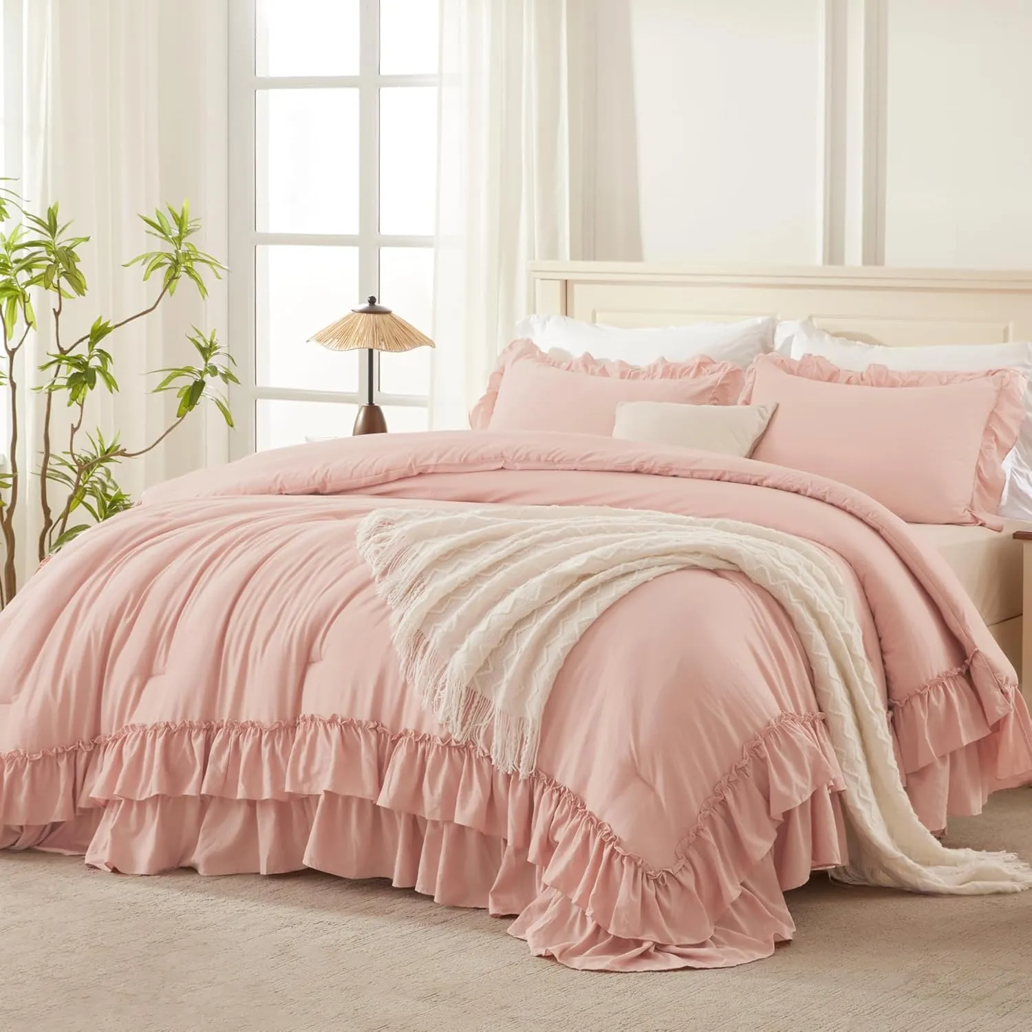 Andency Blush Queen Comforter Set(90x90Inch), 3 Pieces Lightweight Soft Ruffle Bedding Comforter Sets for Queen Bed, Farmhouse Shabby Chic Fluffy Soft Microfiber Bed Set for All Season