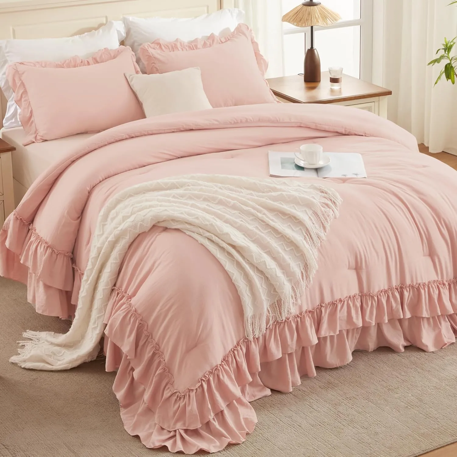 Andency Blush Queen Comforter Set(90x90Inch), 3 Pieces Lightweight Soft Ruffle Bedding Comforter Sets for Queen Bed, Farmhouse Shabby Chic Fluffy Soft Microfiber Bed Set for All Season