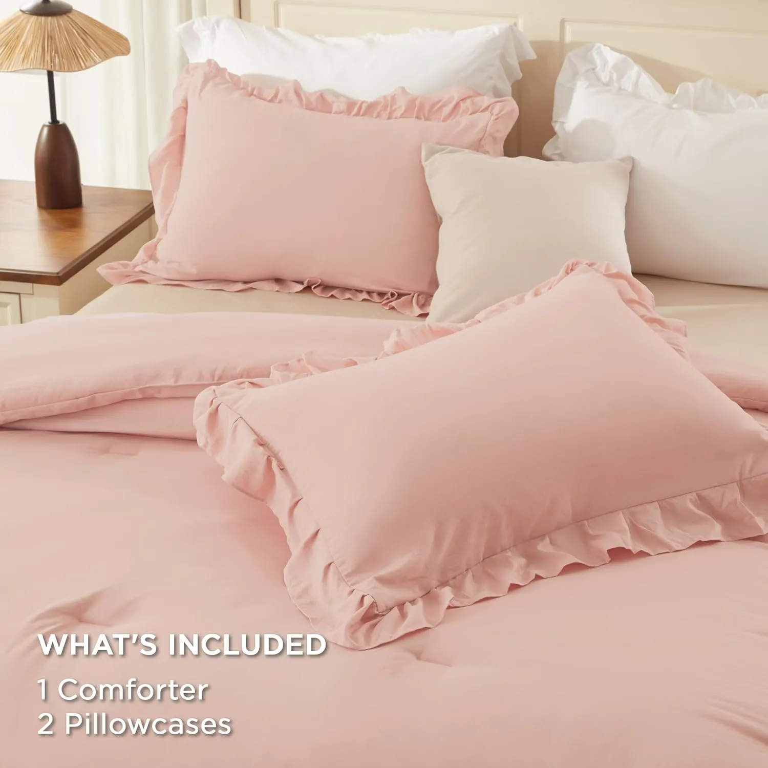 Andency Blush Queen Comforter Set(90x90Inch), 3 Pieces Lightweight Soft Ruffle Bedding Comforter Sets for Queen Bed, Farmhouse Shabby Chic Fluffy Soft Microfiber Bed Set for All Season