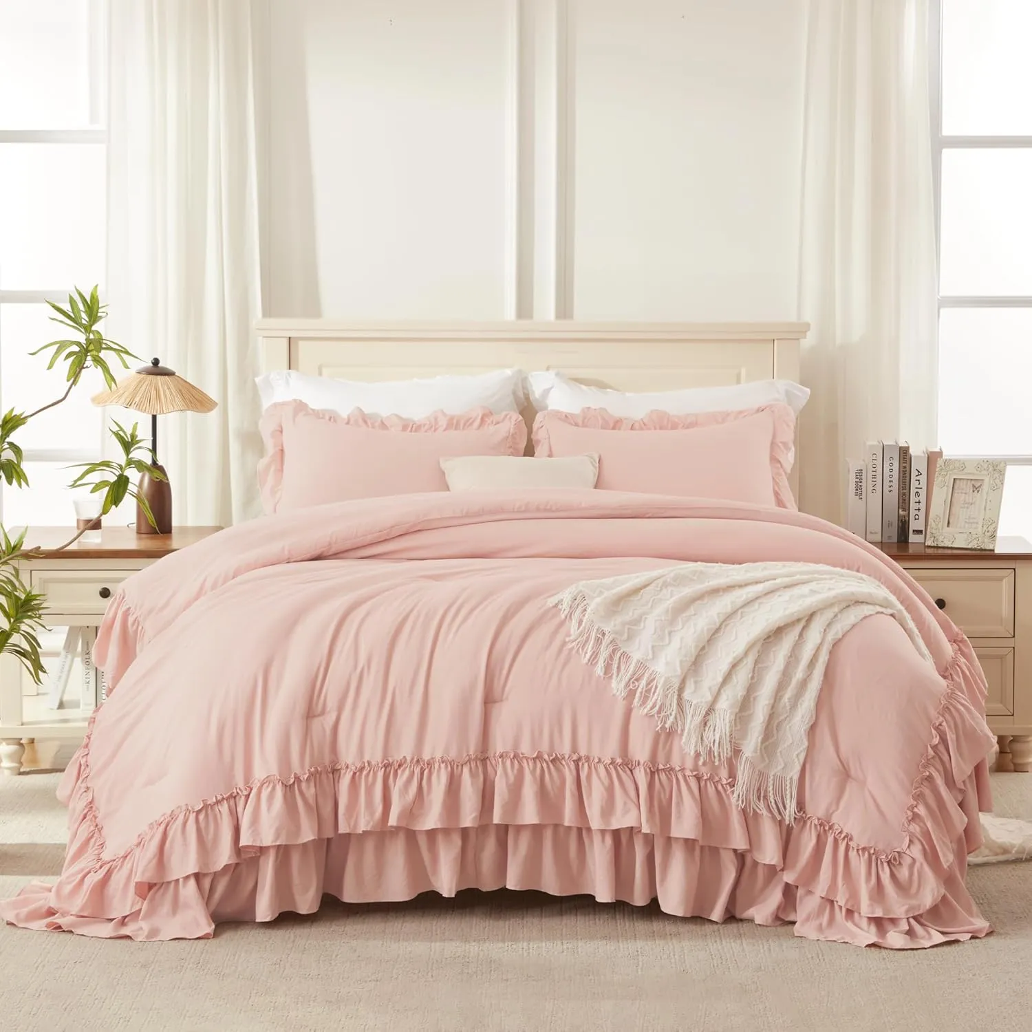 Andency Blush Queen Comforter Set(90x90Inch), 3 Pieces Lightweight Soft Ruffle Bedding Comforter Sets for Queen Bed, Farmhouse Shabby Chic Fluffy Soft Microfiber Bed Set for All Season