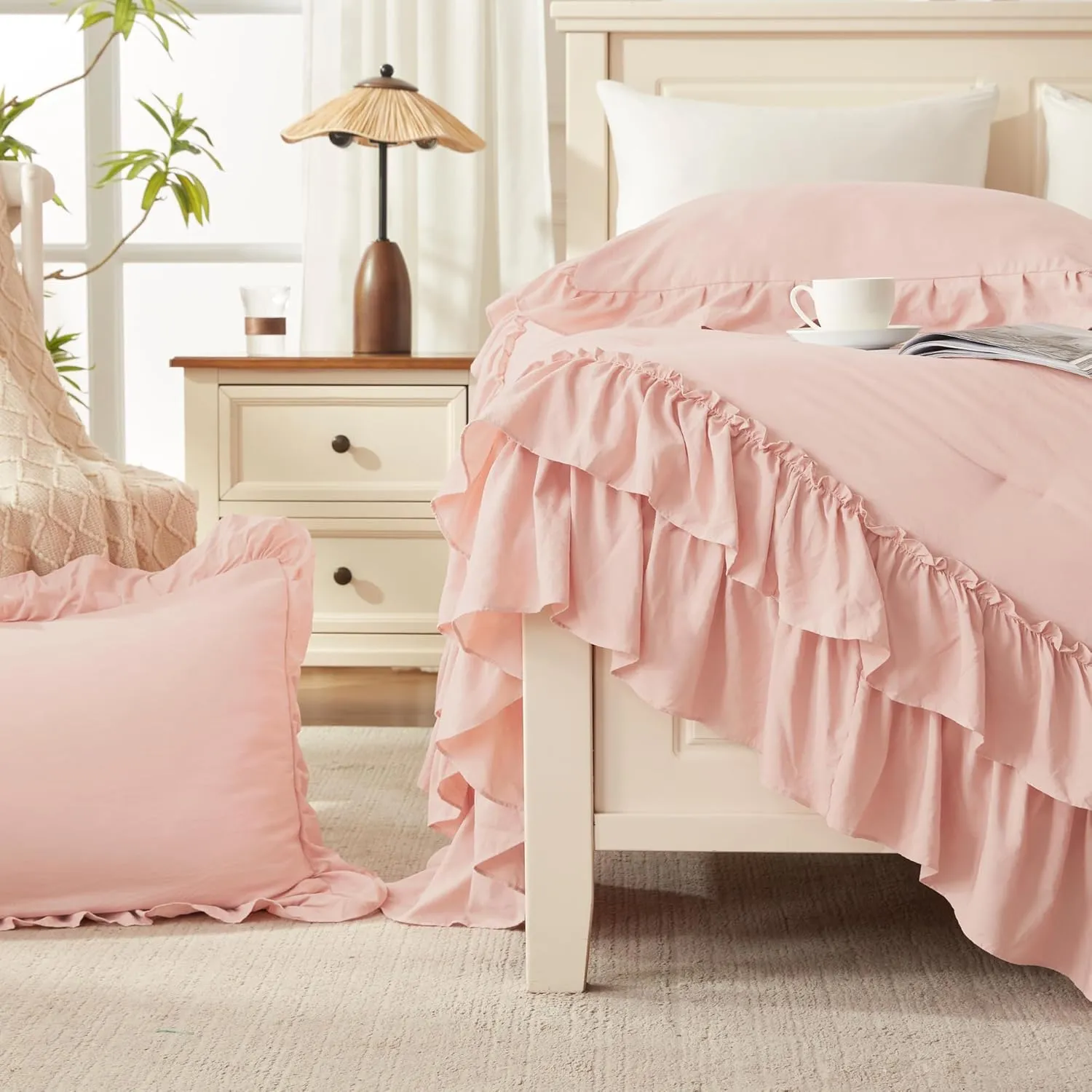 Andency Blush Queen Comforter Set(90x90Inch), 3 Pieces Lightweight Soft Ruffle Bedding Comforter Sets for Queen Bed, Farmhouse Shabby Chic Fluffy Soft Microfiber Bed Set for All Season