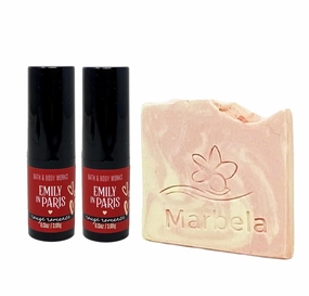 Bath & Body Works Emily In Paris Rouge Romance 2 Pack Lipstick Gift Set Bundle with a Himalayan Salts Springs Sample Soap