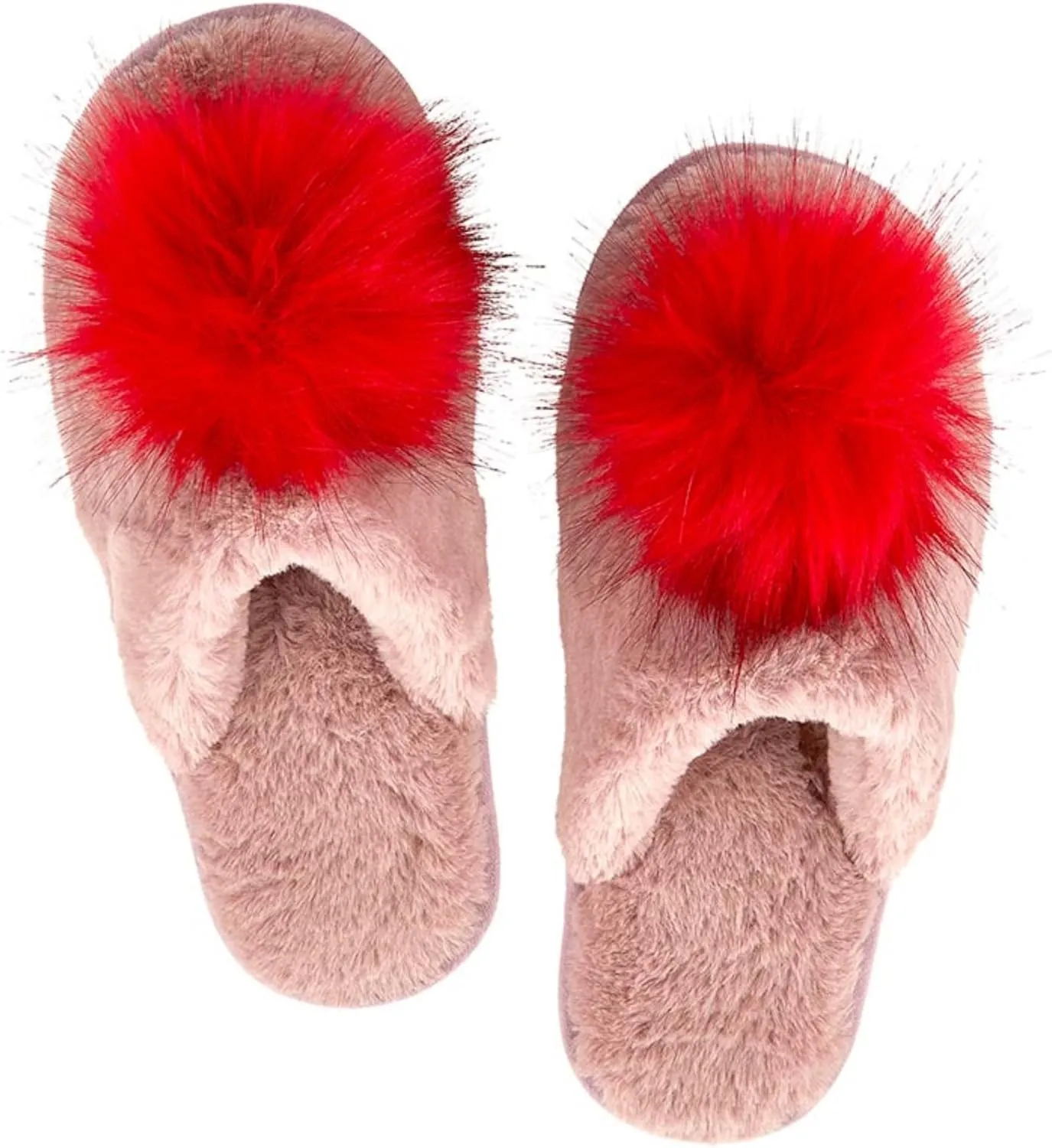 Bella Ultra Soft Plush Indoor House Slippers With Fuzzy Pom Pom, Plush Polyester Blush Pink and Red, Medium (US 7-8)