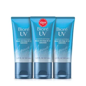 Bioré UV Aqua Rich Daily Hydrating Facial Moisturizer SPF 50 | Oil-Free Sunscreen & Primer for Makeup with Hyaluronic Acid, No White Cast, Non-Comedogenic, For Sensitive Skin, PA    , 1.7 Oz, 3pck
