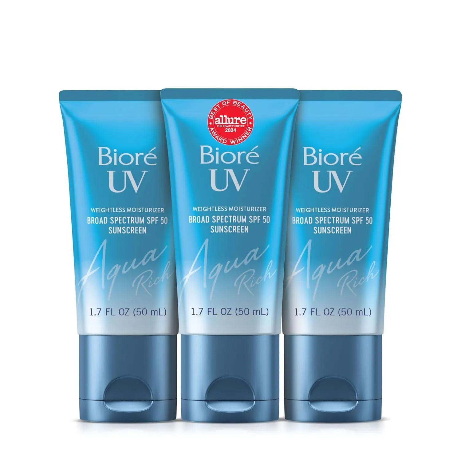 Bioré UV Aqua Rich Daily Hydrating Facial Moisturizer SPF 50 | Oil-Free Sunscreen & Primer for Makeup with Hyaluronic Acid, No White Cast, Non-Comedogenic, For Sensitive Skin, PA    , 1.7 Oz, 3pck