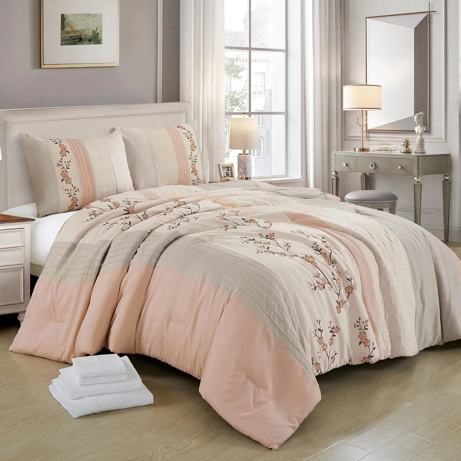 Chezmoi Collection Everly Queen Bed in a Bag 7-Pieces Luxury Blush Taupe Cherry Blossom Floral Embroidery Comforter Set with Sheets All Season Bedding Set, Queen