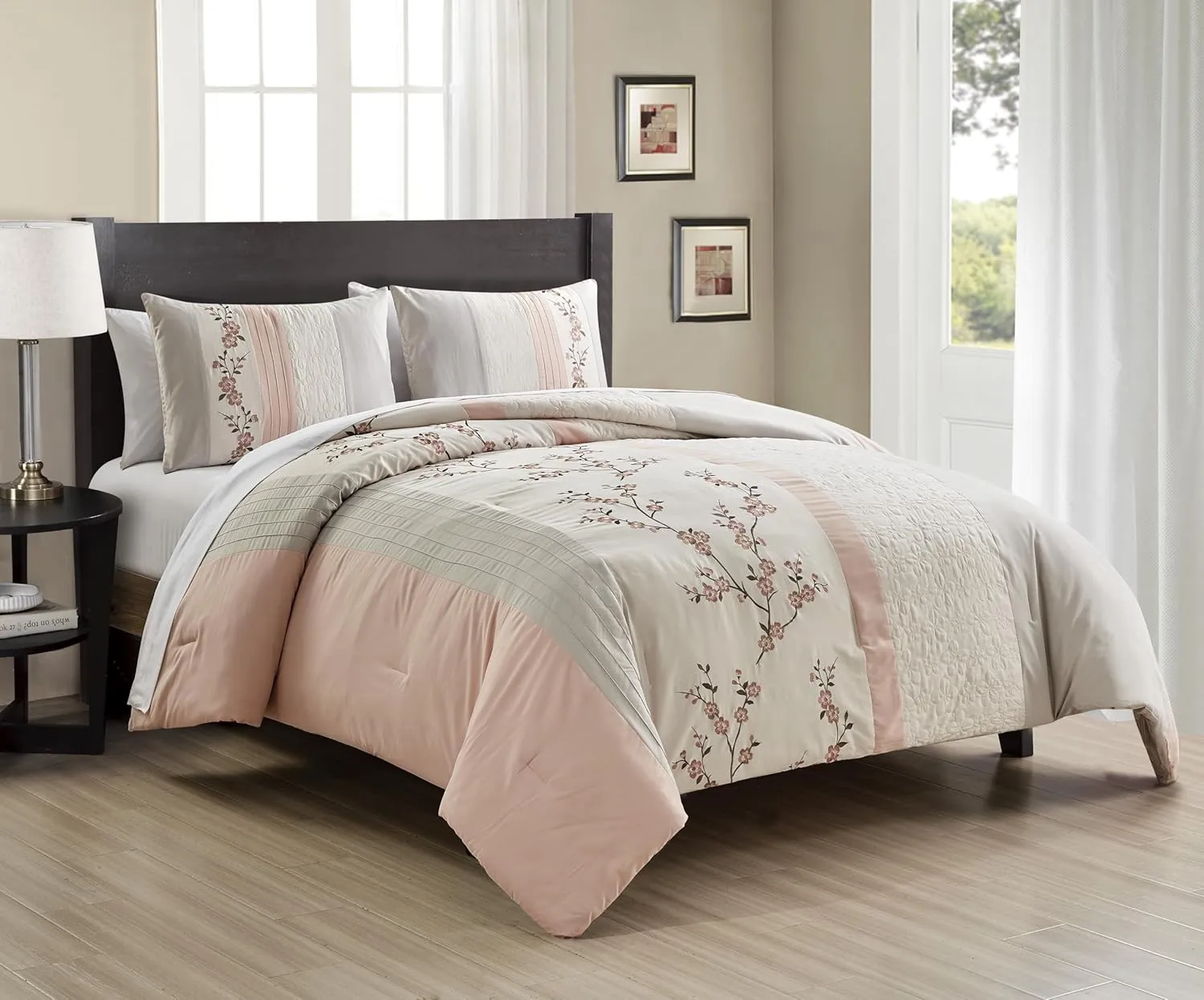 Chezmoi Collection Everly Queen Bed in a Bag 7-Pieces Luxury Blush Taupe Cherry Blossom Floral Embroidery Comforter Set with Sheets All Season Bedding Set, Queen