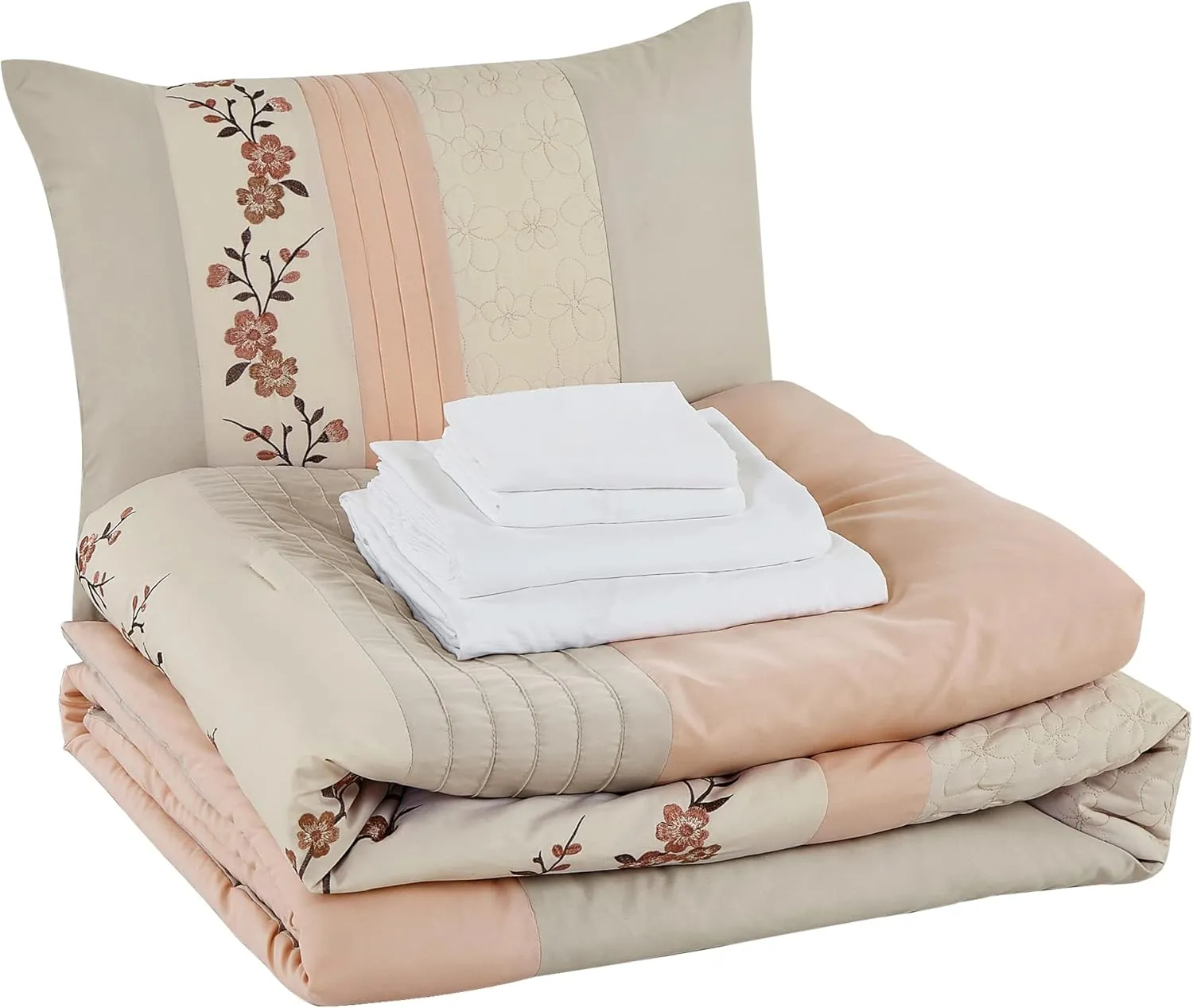 Chezmoi Collection Everly Queen Bed in a Bag 7-Pieces Luxury Blush Taupe Cherry Blossom Floral Embroidery Comforter Set with Sheets All Season Bedding Set, Queen