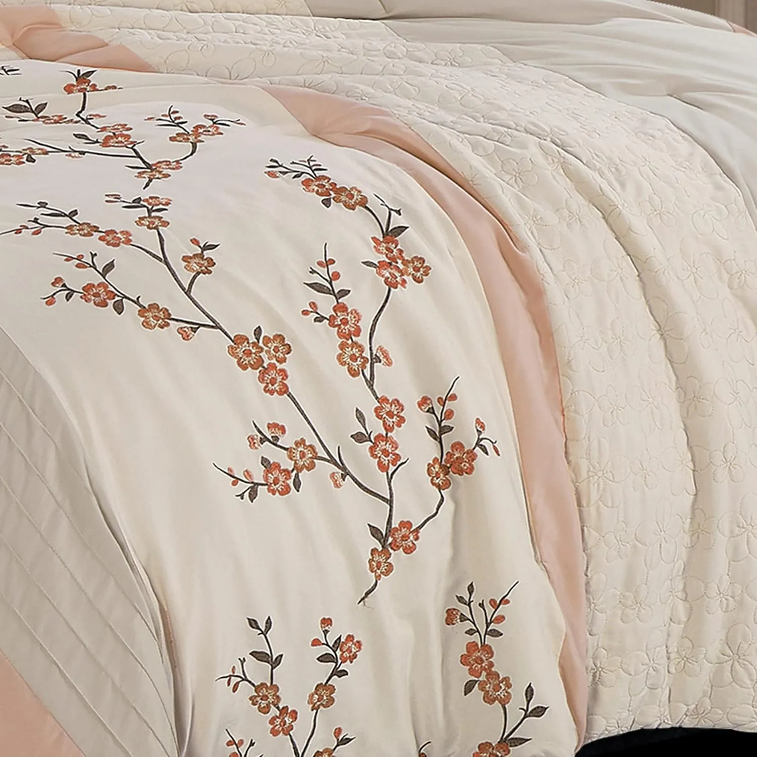 Chezmoi Collection Everly Queen Bed in a Bag 7-Pieces Luxury Blush Taupe Cherry Blossom Floral Embroidery Comforter Set with Sheets All Season Bedding Set, Queen