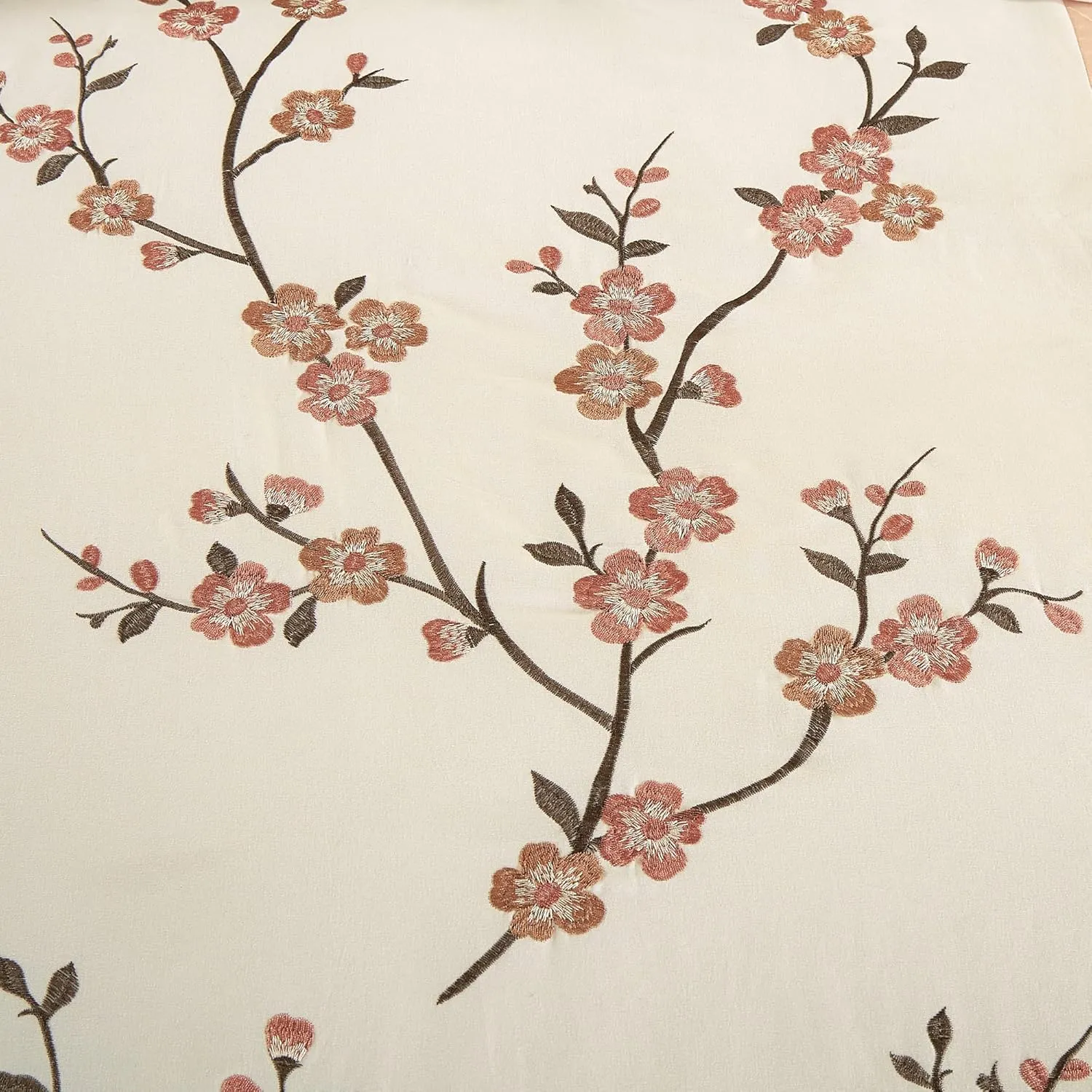 Chezmoi Collection Everly Queen Bed in a Bag 7-Pieces Luxury Blush Taupe Cherry Blossom Floral Embroidery Comforter Set with Sheets All Season Bedding Set, Queen