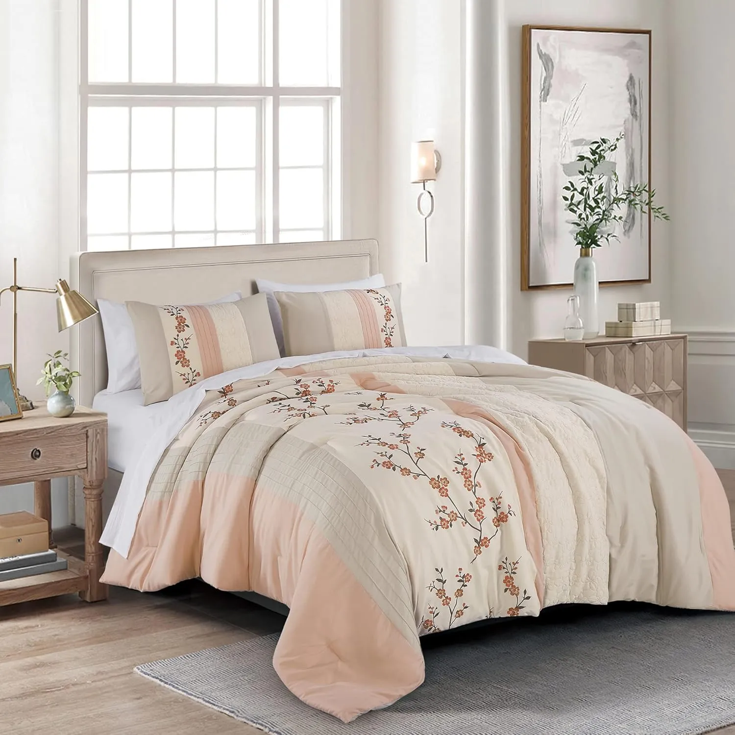 Chezmoi Collection Everly Queen Bed in a Bag 7-Pieces Luxury Blush Taupe Cherry Blossom Floral Embroidery Comforter Set with Sheets All Season Bedding Set, Queen