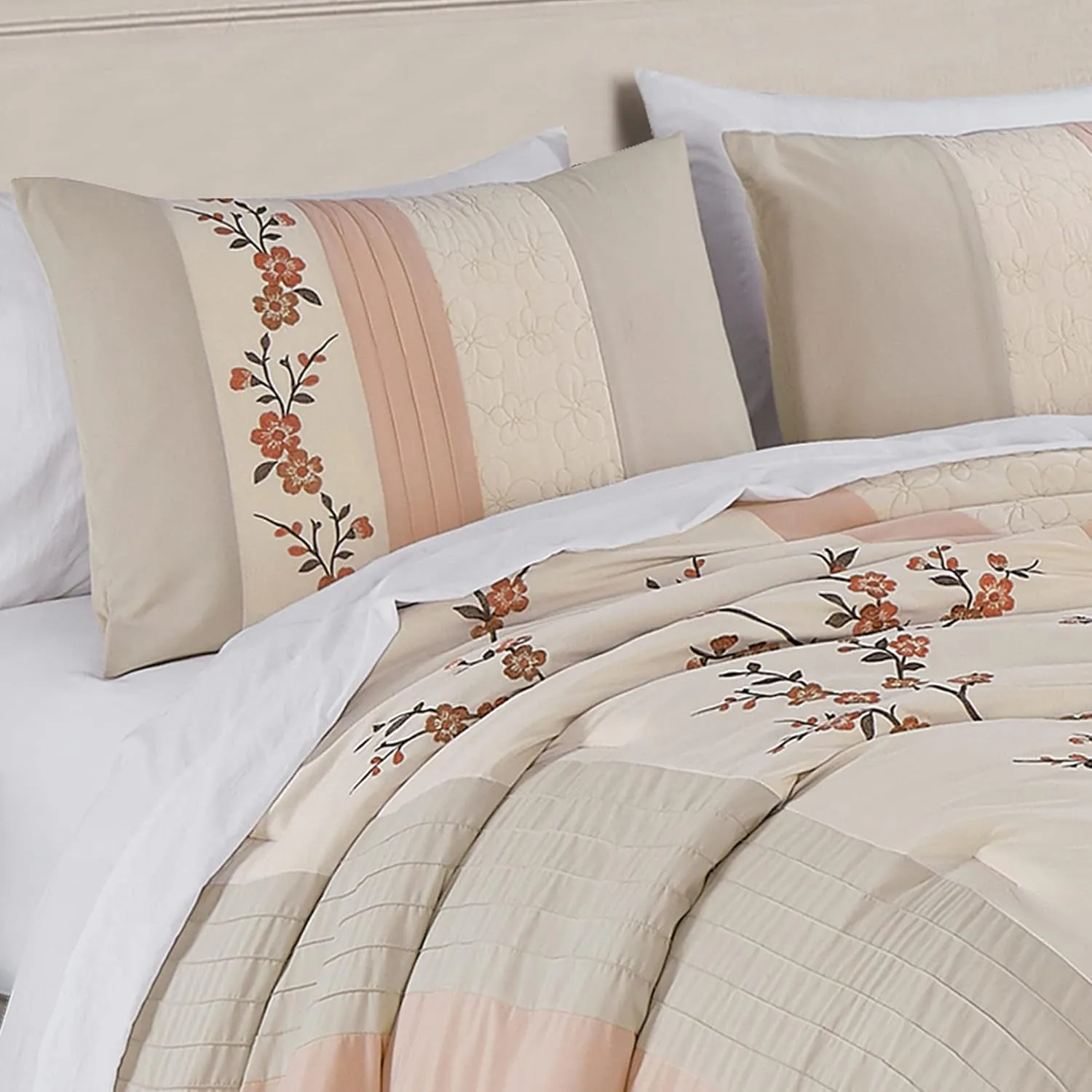 Chezmoi Collection Everly Queen Bed in a Bag 7-Pieces Luxury Blush Taupe Cherry Blossom Floral Embroidery Comforter Set with Sheets All Season Bedding Set, Queen