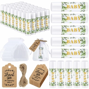 Demissle 50 Pcs Eucalyptus Baby Shower Lip Balm Gift Set with 100 Pcs Organza Bag Greenery Leaves Baby Shower Party Favor Lip Balm for Guest Thank You Tag Rope Gender Reveal Souvenir Party Decoration