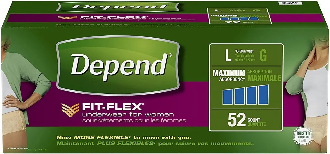 Depend FIT-FLEX Incontinence Underwear for Women, Disposable, Maximum Absorbency, Large, Blush, 52 Count (2 Packs of 26) (Packaging May Vary)