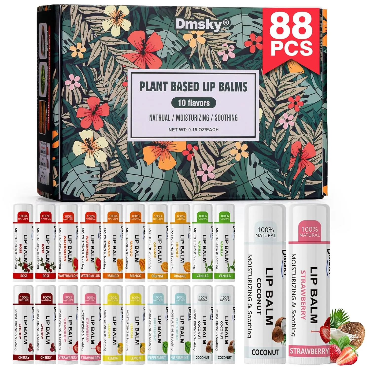 Dmsky Lip Balm Bulk, Fruit Lip Balm Variety Pack, Hydrating Lip Balm for Men Women Kids, 0.15 OZ, 88 count (Pack of 1)