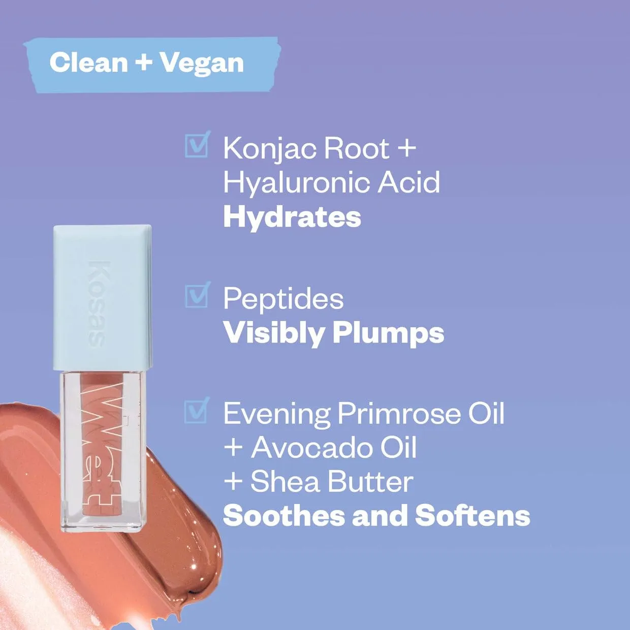 Kosas Wet Lip Oil Gloss - Hydrating Lip Plumping Treatment with Hyaluronic Acid & Peptides (Bare)