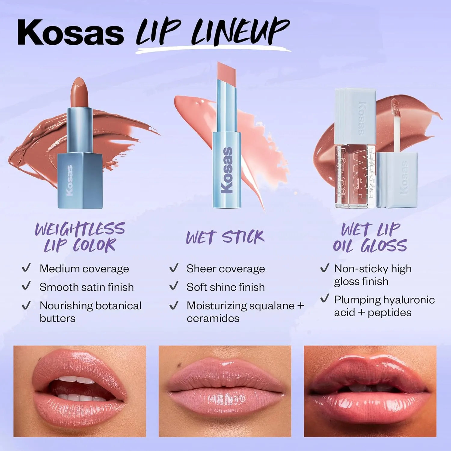 Kosas Wet Stick Moisturizing Shiny Sheer Lipstick with Ceramides, Hyaluronic acid, Peptides and Mango Butter - Soothes, Softens, and Moisturizes Lips – 100 Degrees