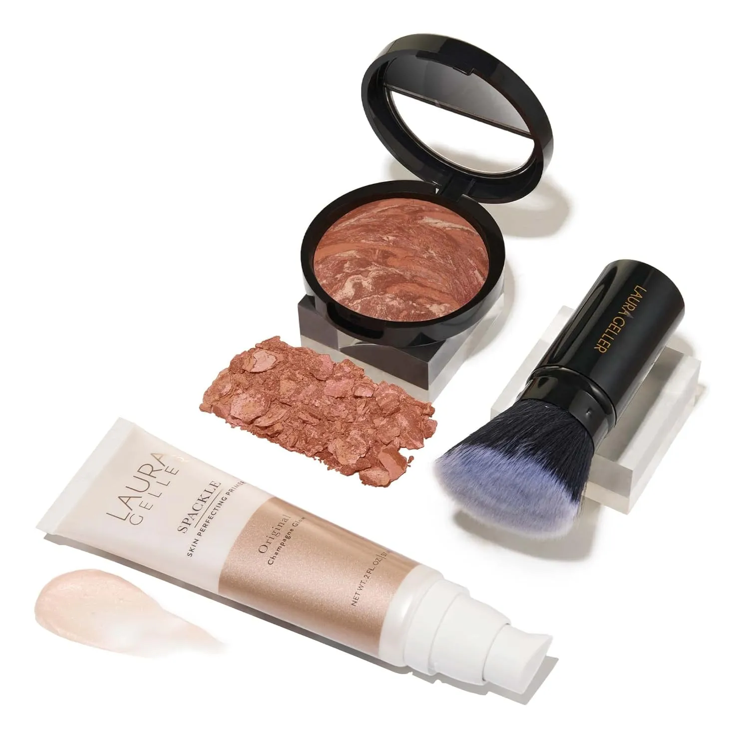 LAURA GELLER NEW YORK Ready-n-Radiant Kit (3 PC) - Baked Bronze-n-Brighten, Deep   Spackle Super-Size Skin Perfecting Primer, Champagne Glow   Retractable Angled Kabuki Brush