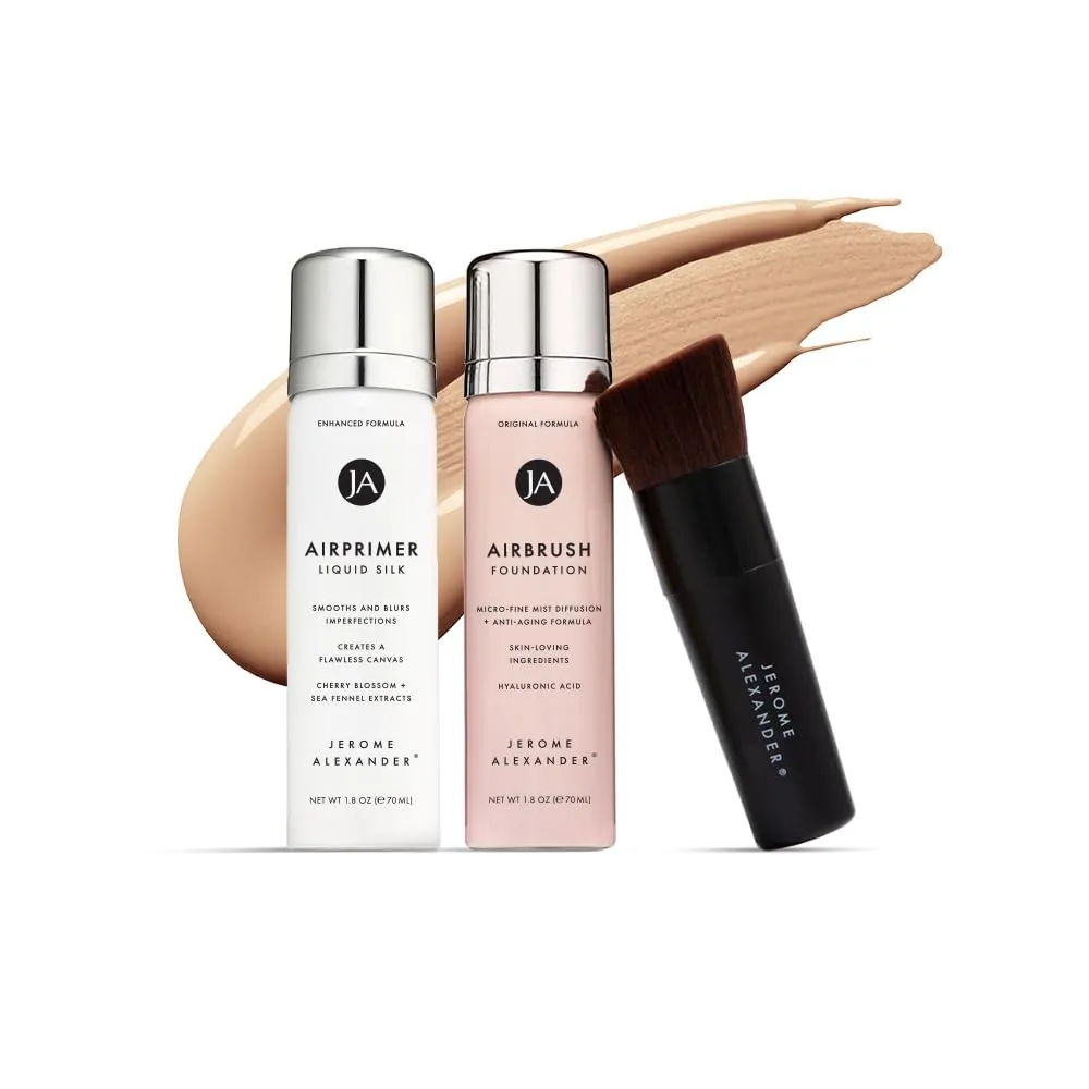 MagicMinerals AirBrush Foundation Set by Jerome Alexander – 3pc Set Includes Primer, Foundation and Kabuki Brush - Spray Makeup with Anti-aging Ingredients for Smooth Radiant Skin (Medium)