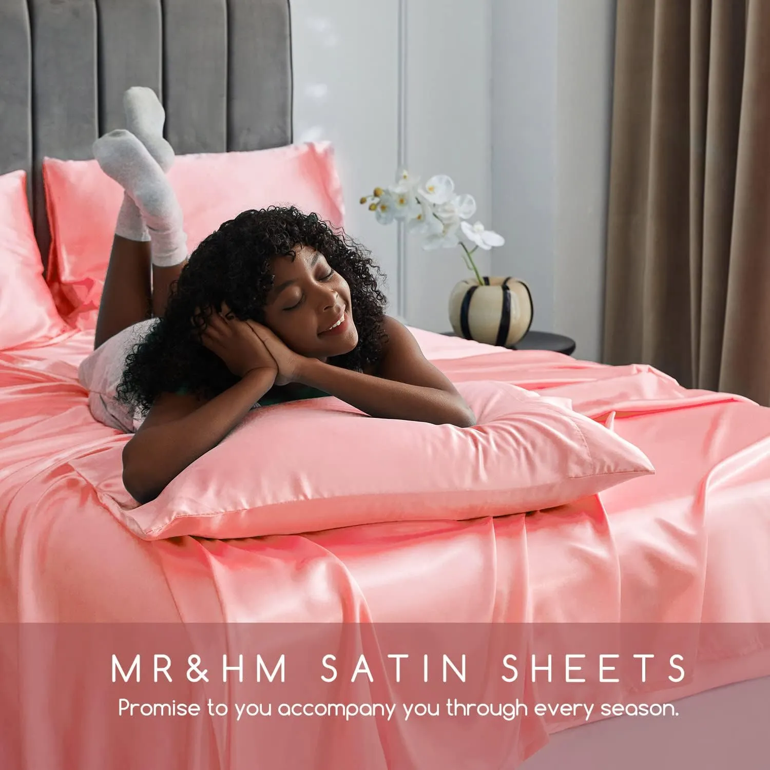 MR&HM Satin Bed Sheets, Full Size Sheets Set, 4 Pcs Silky Bedding Set with 15 Inches Deep Pocket for Mattress(Full, Blush)