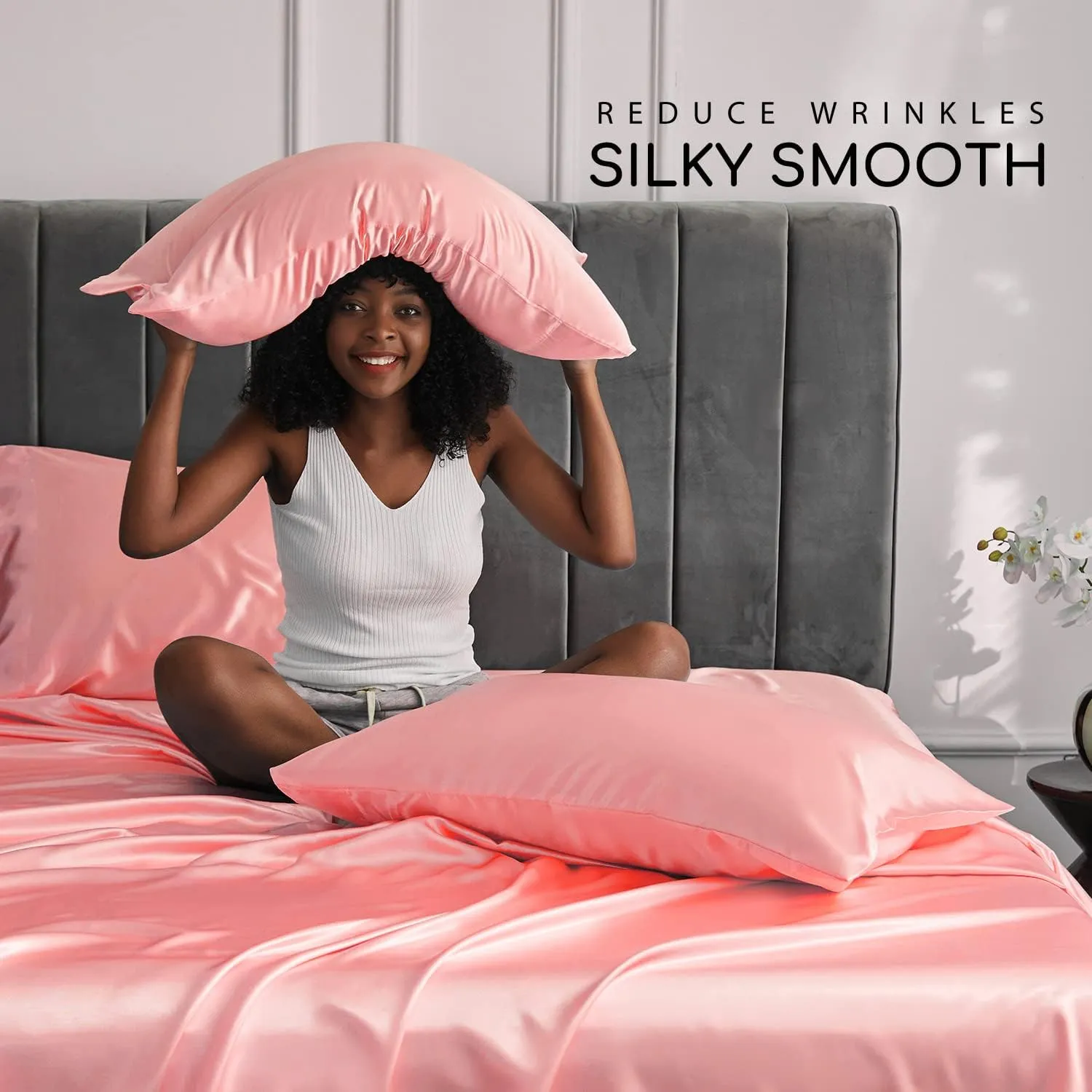 MR&HM Satin Bed Sheets, Full Size Sheets Set, 4 Pcs Silky Bedding Set with 15 Inches Deep Pocket for Mattress(Full, Blush)