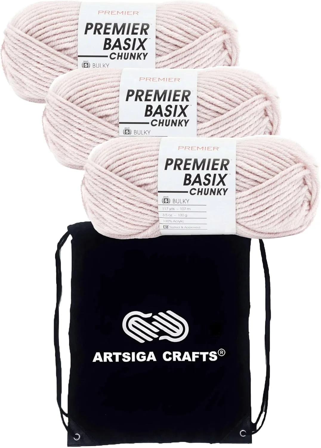 Premier Basix Chunky Knitting Yarn Blush 1145-19 (3-Pack) Same Dye Lot Chunky Bulky #5 Soft 100% Acrylic with Project Bag