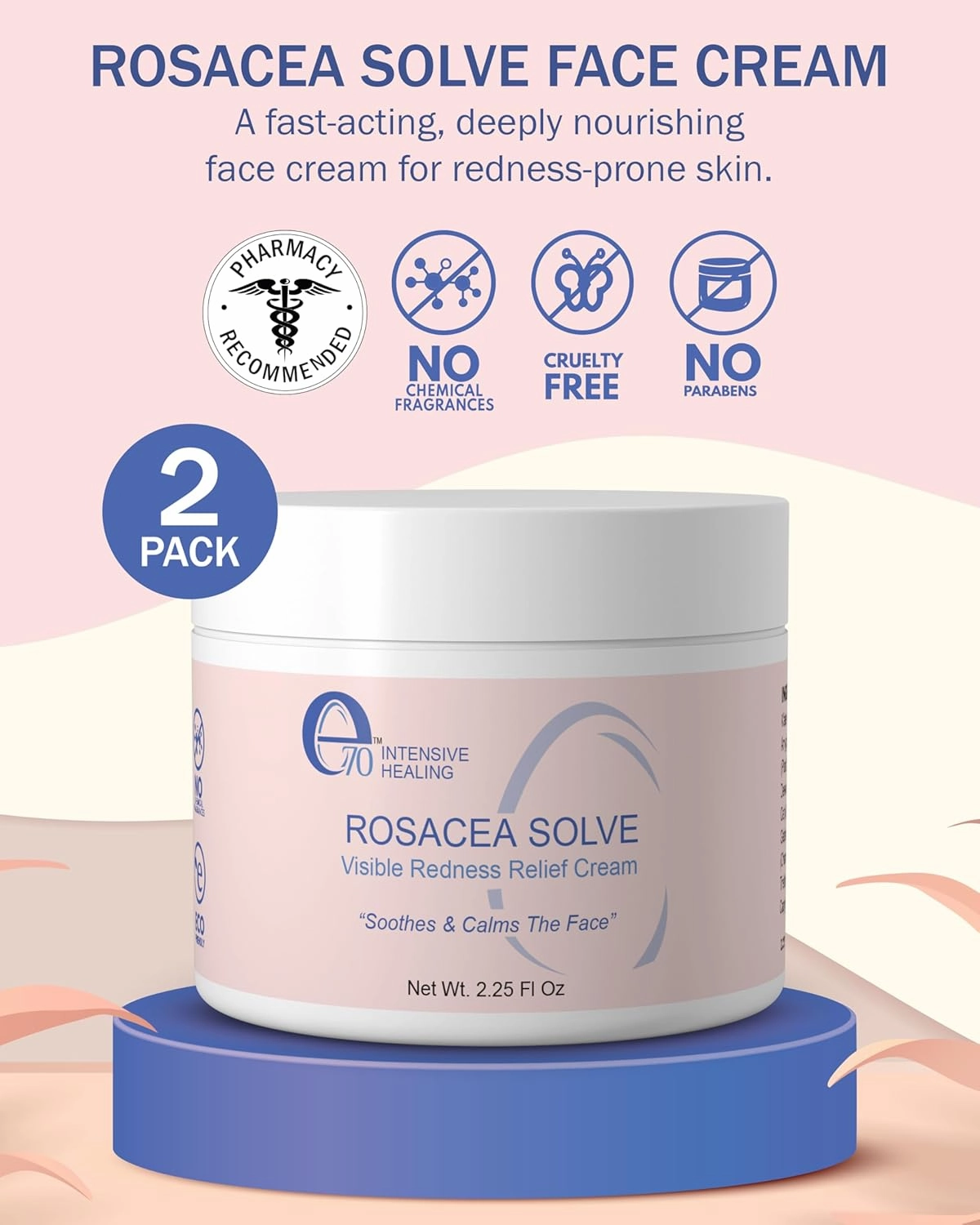 Rosacea Solve Face Moisturizer - Redness Corrector for Face Rosacea Cream with Aloe Vera & Hyaluronic Acid - Day-Night Cream for Women & Men, 2.25 fl. oz., 2-pack