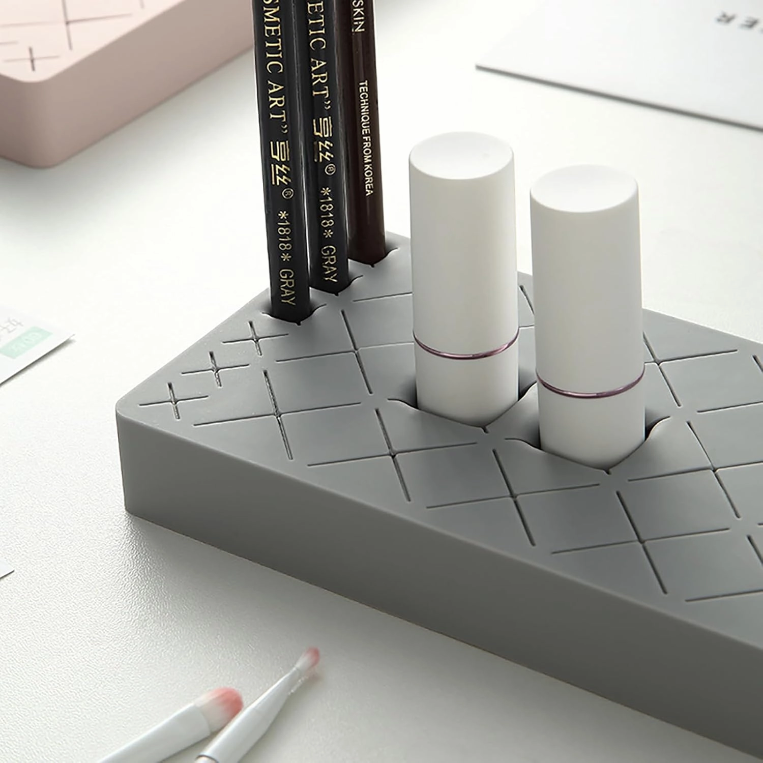 Silicone Lipstick Holder 18 6 Slots, Cosmetic Organizer Stand Square Makeup Display Case for Brush Lip Eye Stick Nail Polish Brushes Eyebrow, Premium Cosmetic Organizer-Grey