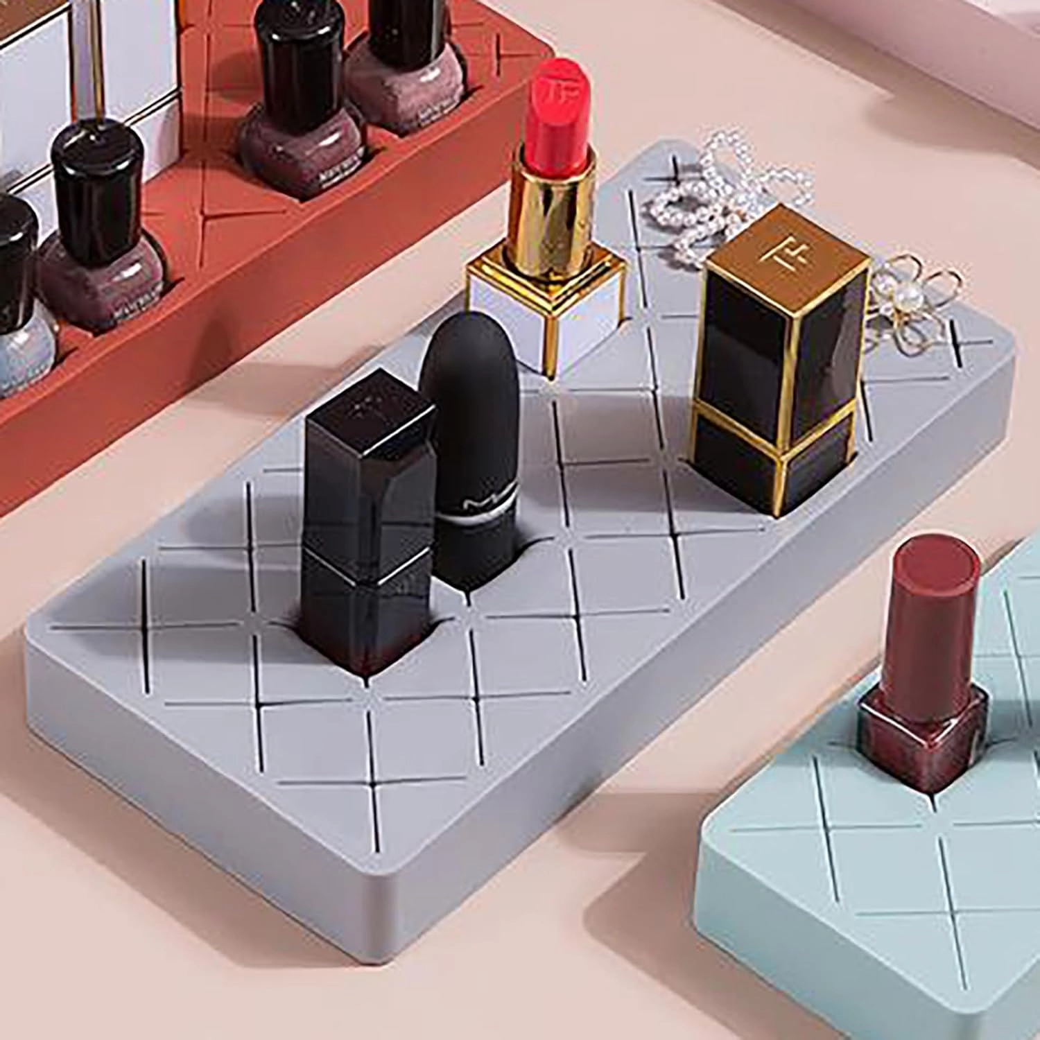 Silicone Lipstick Holder 18 6 Slots, Cosmetic Organizer Stand Square Makeup Display Case for Brush Lip Eye Stick Nail Polish Brushes Eyebrow, Premium Cosmetic Organizer-Grey