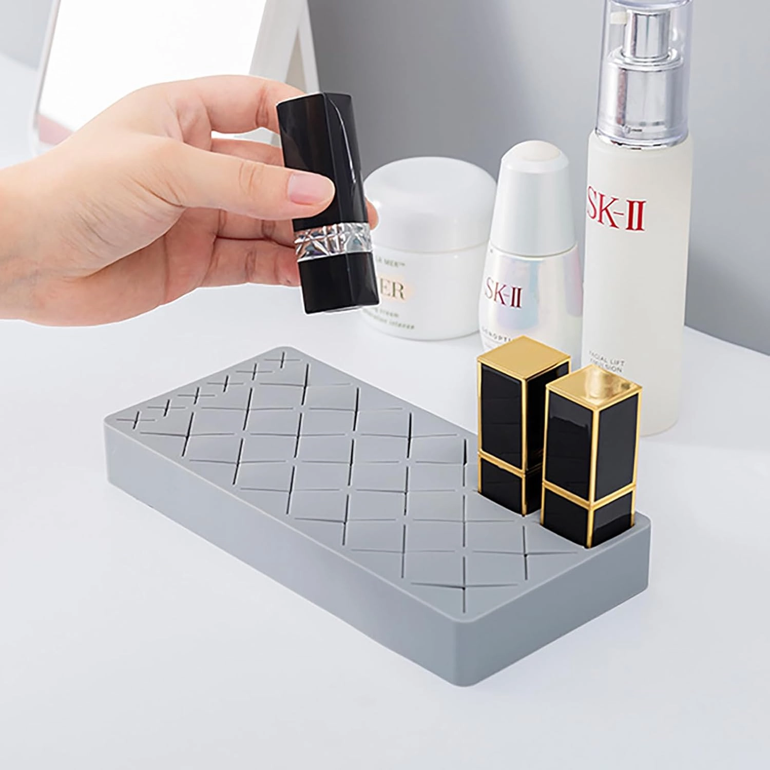 Silicone Lipstick Holder 18 6 Slots, Cosmetic Organizer Stand Square Makeup Display Case for Brush Lip Eye Stick Nail Polish Brushes Eyebrow, Premium Cosmetic Organizer-Grey