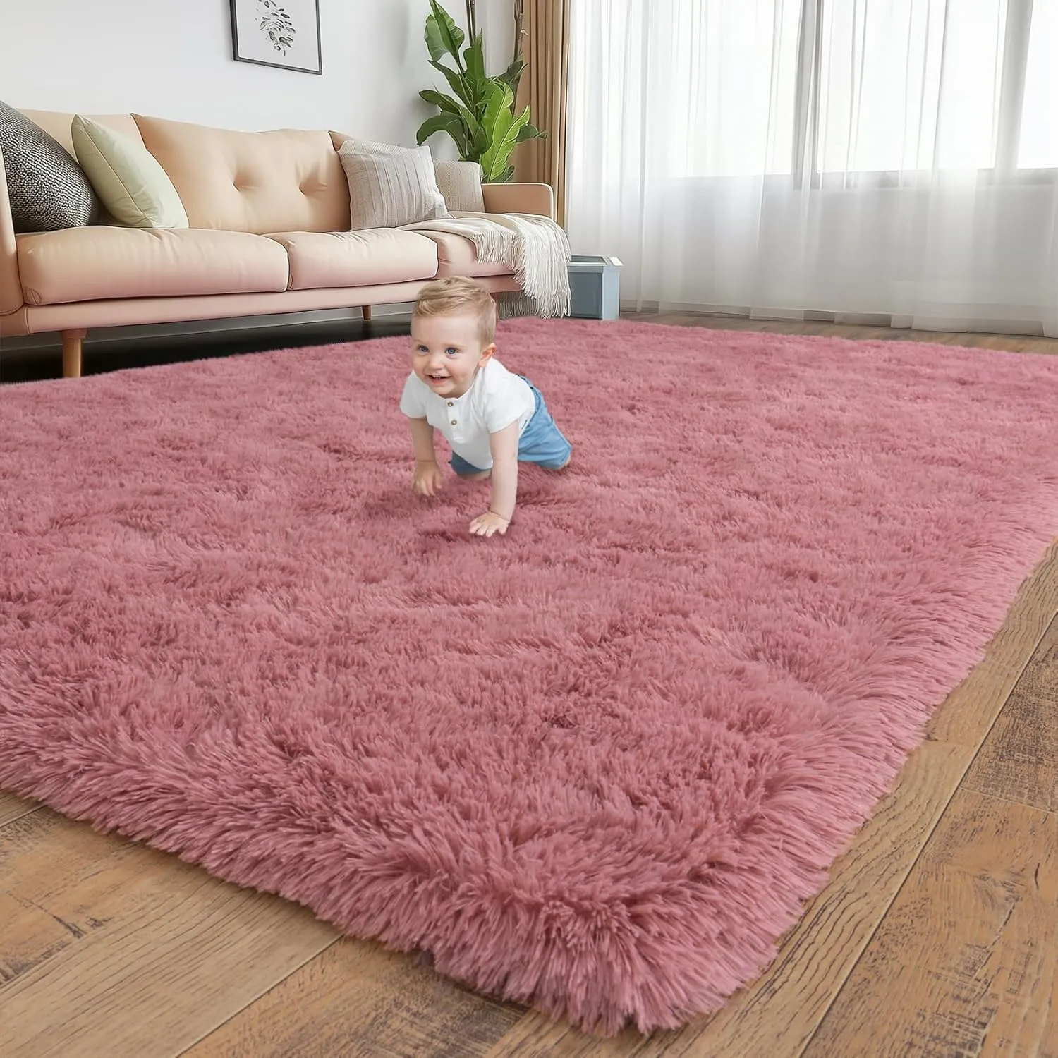 Soft Shag Rugs for Girls Kids Bedroom, 4x6 Blush Pink Fluffy Shaggy Rugs for Living Room Nursery, Luxury Modern Plush Carpet Room Dorm Indoor Home Decor, Upgrade Non-Slip
