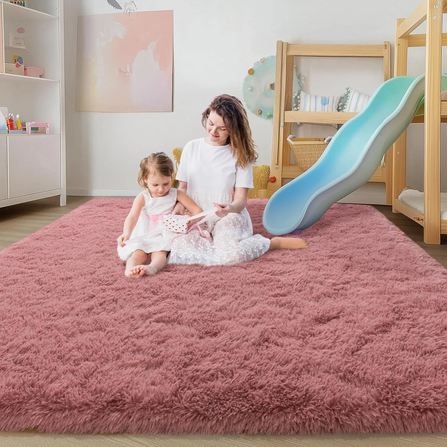 Soft Shag Rugs for Girls Kids Bedroom, 4x6 Blush Pink Fluffy Shaggy Rugs for Living Room Nursery, Luxury Modern Plush Carpet Room Dorm Indoor Home Decor, Upgrade Non-Slip