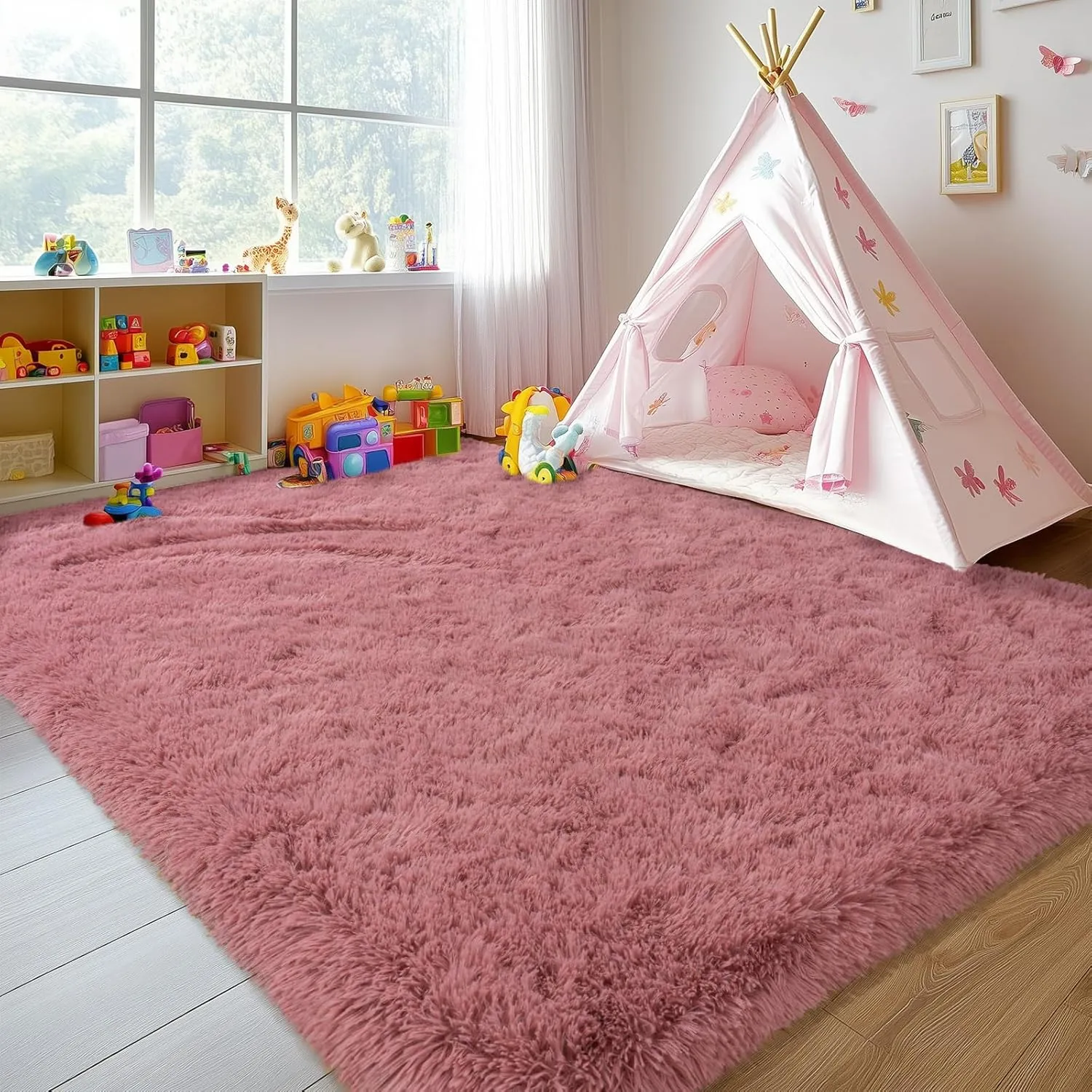 Soft Shag Rugs for Girls Kids Bedroom, 4x6 Blush Pink Fluffy Shaggy Rugs for Living Room Nursery, Luxury Modern Plush Carpet Room Dorm Indoor Home Decor, Upgrade Non-Slip