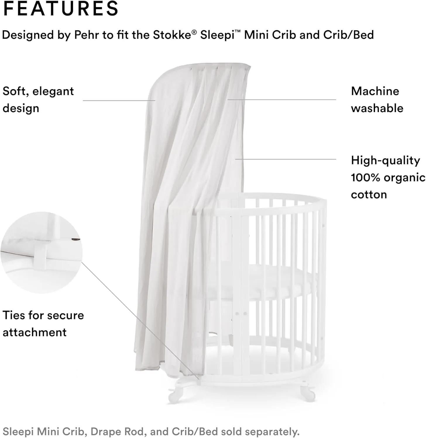 Stokke Sleepi Canopy by Pehr, Grey - for Sleepi Mini & Crib/Bed (Sold Separately) - Washable Soft Organic Cotton
